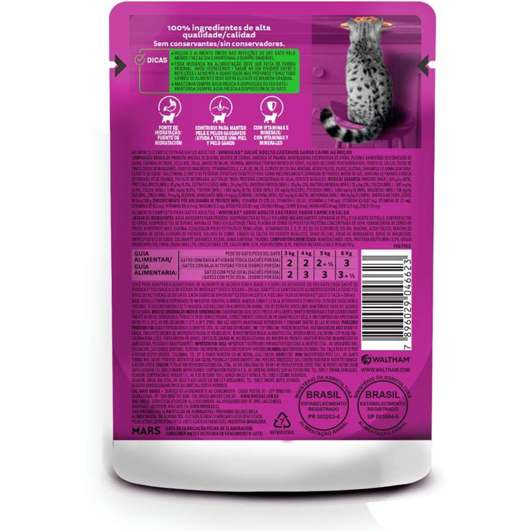 Ração Úmida Whiskas Sachê Carne ao Molho para Gatos Adultos Castrados 85g - Imagem 2