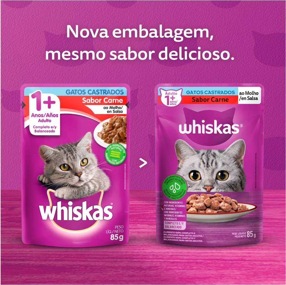 Ração Úmida Whiskas Sachê Carne ao Molho para Gatos Adultos Castrados 85g - Imagem 3