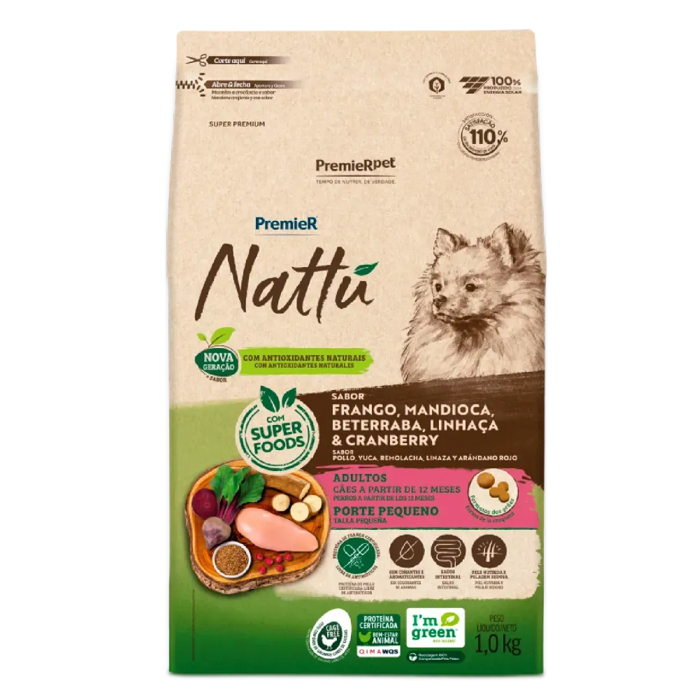RAÇÃO PREMIER NATTU CÃES ADULTOS PEQUENO PORTE MANDIOCA 1KG